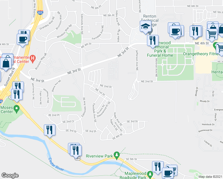 map of restaurants, bars, coffee shops, grocery stores, and more near 152 Glennwood Place Northeast in Renton