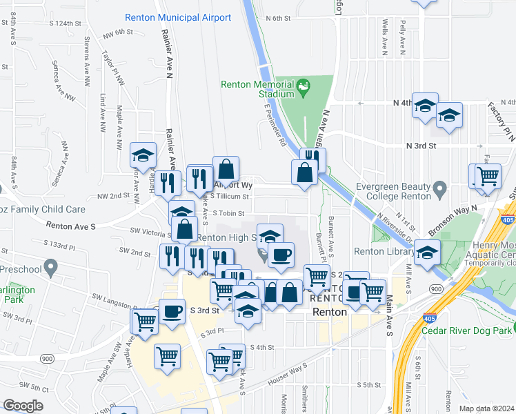 map of restaurants, bars, coffee shops, grocery stores, and more near 300 South Tobin Street in Renton