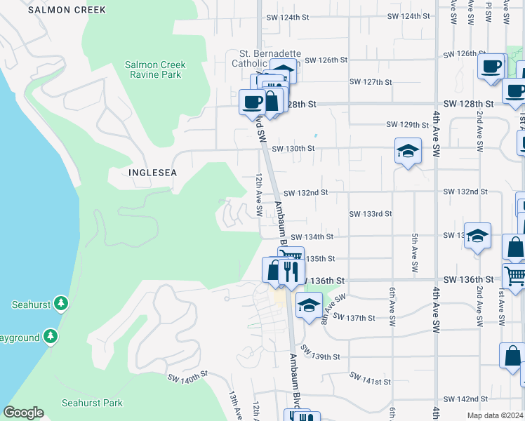 map of restaurants, bars, coffee shops, grocery stores, and more near 13229 12th Avenue Southwest in Burien