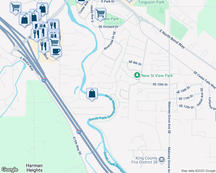 map of restaurants, bars, coffee shops, grocery stores, and more near 260 Southeast 10th Circle in North Bend