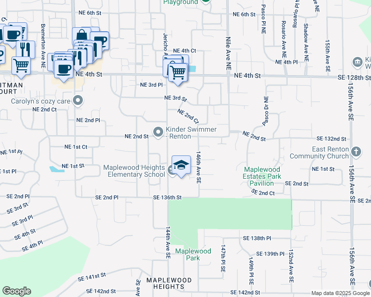 map of restaurants, bars, coffee shops, grocery stores, and more near 5409 Northeast 2nd Street in Renton