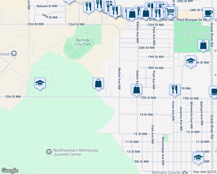 map of restaurants, bars, coffee shops, grocery stores, and more near 1013 County Highway 6 in Bemidji