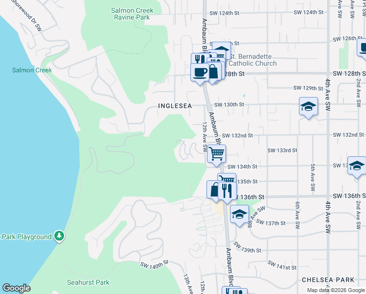 map of restaurants, bars, coffee shops, grocery stores, and more near 1239 Southwest 132nd Lane in Burien