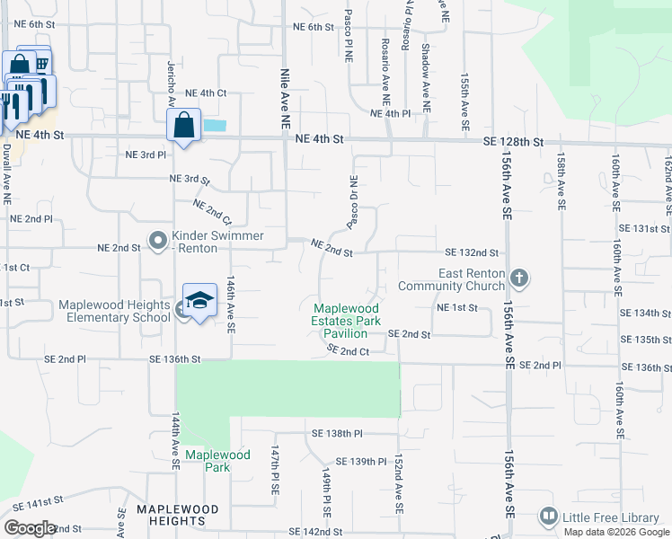 map of restaurants, bars, coffee shops, grocery stores, and more near 5812 Northeast 1st Street in Renton
