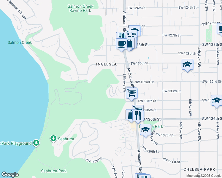 map of restaurants, bars, coffee shops, grocery stores, and more near 1239 Southwest 132nd Lane in Burien