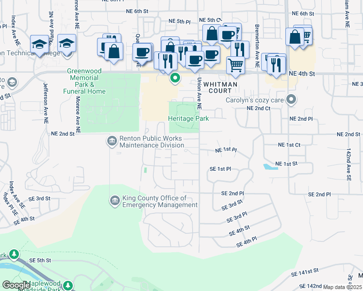 map of restaurants, bars, coffee shops, grocery stores, and more near 4000 Northeast 1st Place in Renton