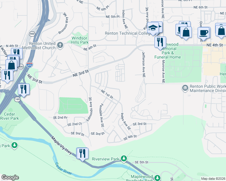map of restaurants, bars, coffee shops, grocery stores, and more near 2617 Northeast 2nd Street in Renton