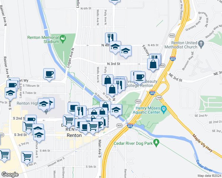map of restaurants, bars, coffee shops, grocery stores, and more near 130 Park Avenue North in Renton