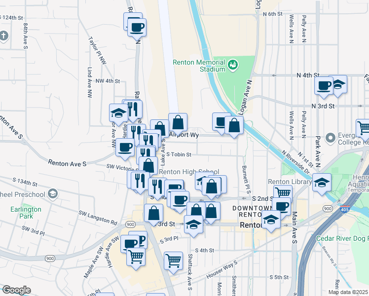 map of restaurants, bars, coffee shops, grocery stores, and more near 206 South Tobin Street in Renton