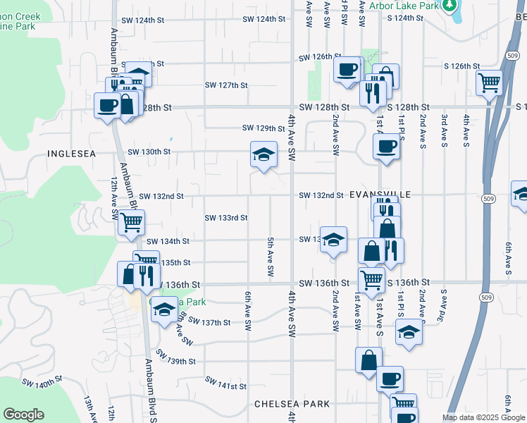 map of restaurants, bars, coffee shops, grocery stores, and more near 13226 6th Avenue Southwest in Burien