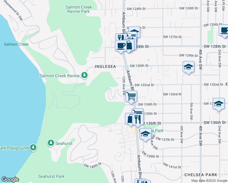 map of restaurants, bars, coffee shops, grocery stores, and more near 1235 Southwest 132nd Lane in Burien