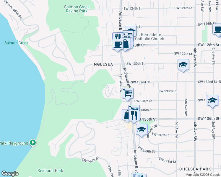 map of restaurants, bars, coffee shops, grocery stores, and more near 1220 Southwest 132nd Lane in Burien