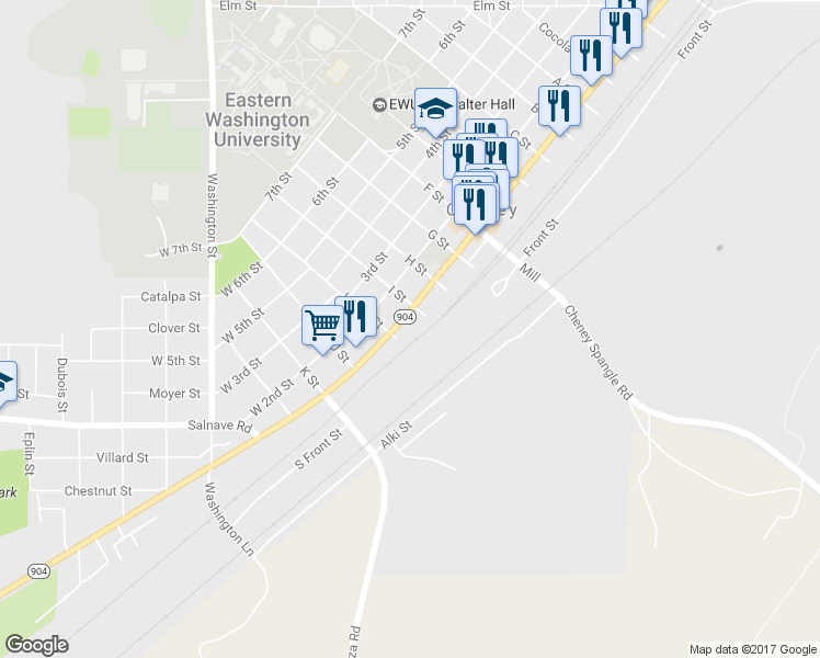 map of restaurants, bars, coffee shops, grocery stores, and more near 15 Union Street in Cheney