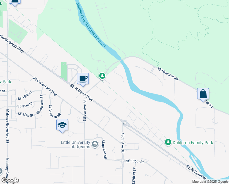 map of restaurants, bars, coffee shops, grocery stores, and more near 12800 436th Avenue Southeast in North Bend