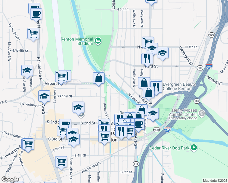 map of restaurants, bars, coffee shops, grocery stores, and more near 75 Burnett Avenue North in Renton
