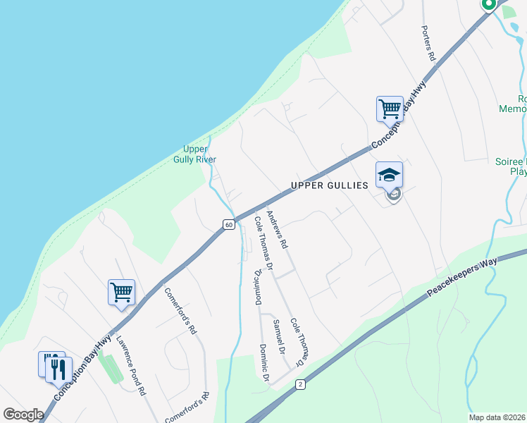 map of restaurants, bars, coffee shops, grocery stores, and more near 0 Andrews Road in Conception Bay South