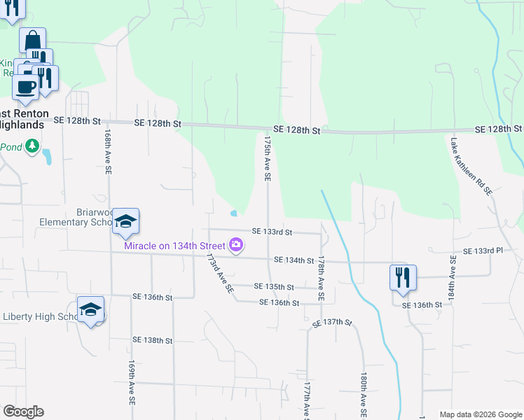 map of restaurants, bars, coffee shops, grocery stores, and more near 17370 Southeast 133rd Street in Renton