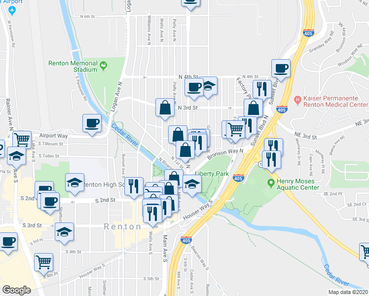 map of restaurants, bars, coffee shops, grocery stores, and more near 130 Park Avenue North in Renton