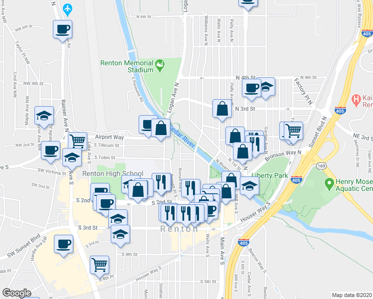 map of restaurants, bars, coffee shops, grocery stores, and more near 75 Burnett Avenue North in Renton
