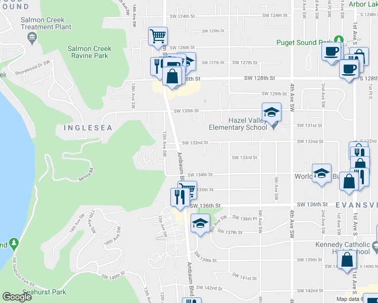 map of restaurants, bars, coffee shops, grocery stores, and more near 13218 Ambaum Boulevard Southwest in Burien