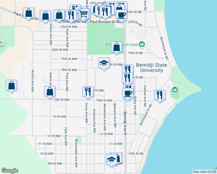 map of restaurants, bars, coffee shops, grocery stores, and more near 1600 Minnesota Avenue Northwest in Bemidji
