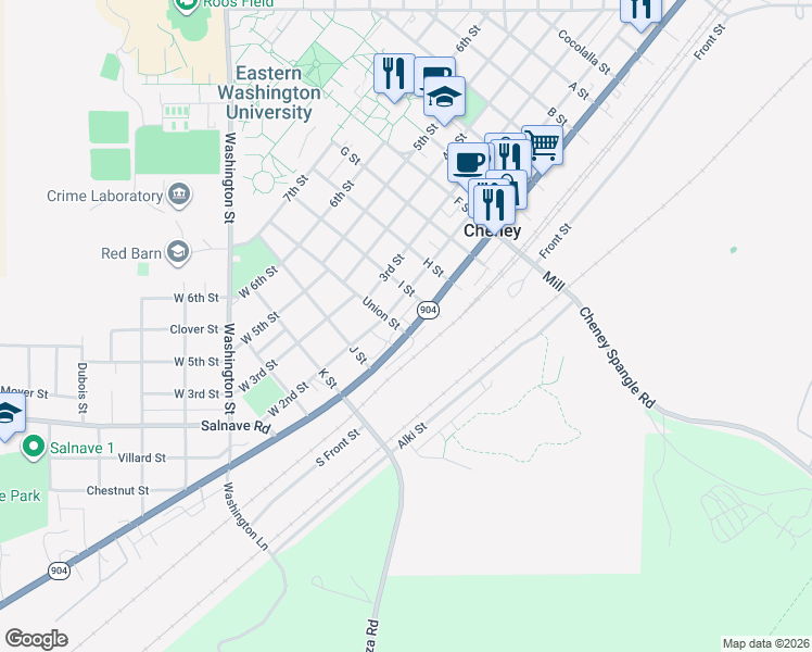map of restaurants, bars, coffee shops, grocery stores, and more near 4 1st Street in Cheney
