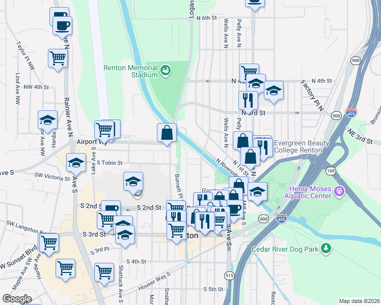 map of restaurants, bars, coffee shops, grocery stores, and more near 75 Burnett Avenue North in Renton