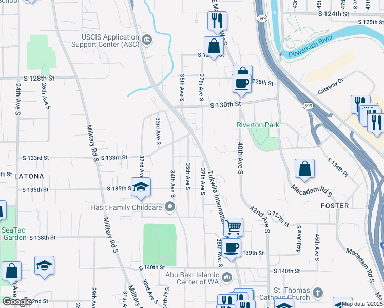 map of restaurants, bars, coffee shops, grocery stores, and more near 13308 35th Avenue South in Tukwila