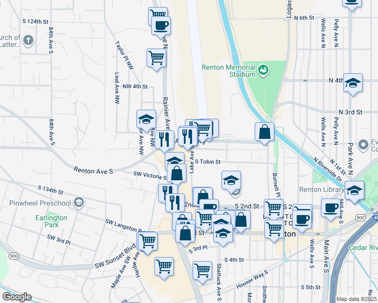map of restaurants, bars, coffee shops, grocery stores, and more near 108 South Tobin Street in Renton