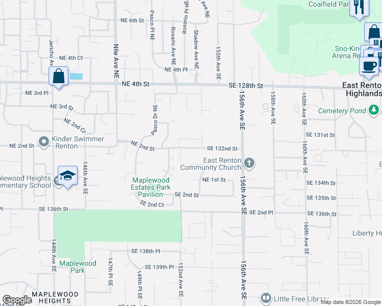 map of restaurants, bars, coffee shops, grocery stores, and more near 15219 Southeast 132nd Street in Renton