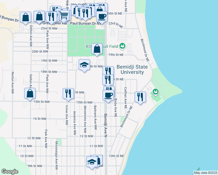 map of restaurants, bars, coffee shops, grocery stores, and more near 1608 Bemidji Avenue North in Bemidji