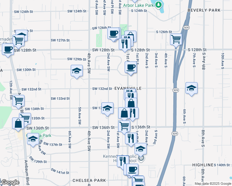 map of restaurants, bars, coffee shops, grocery stores, and more near 13211 1st Avenue Southwest in Burien