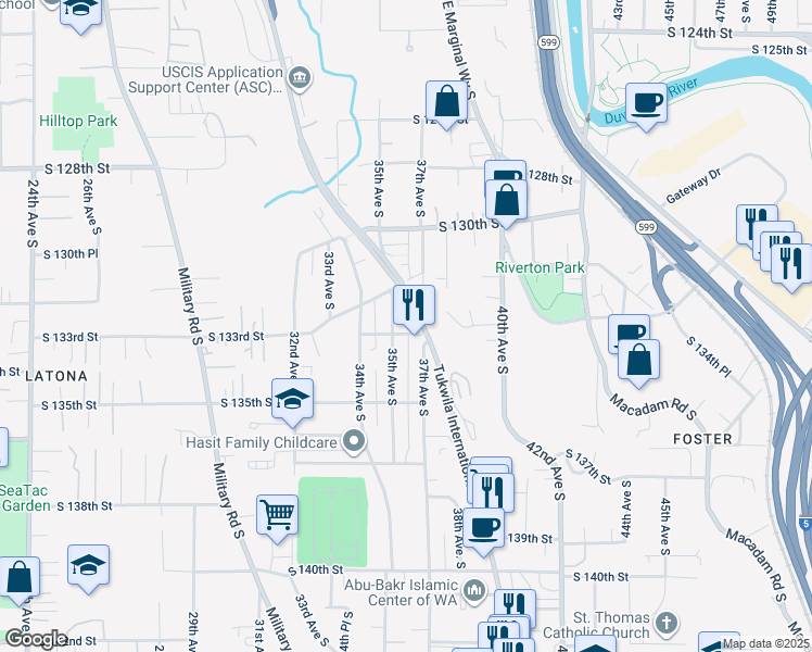 map of restaurants, bars, coffee shops, grocery stores, and more near 13308 35th Avenue South in Tukwila