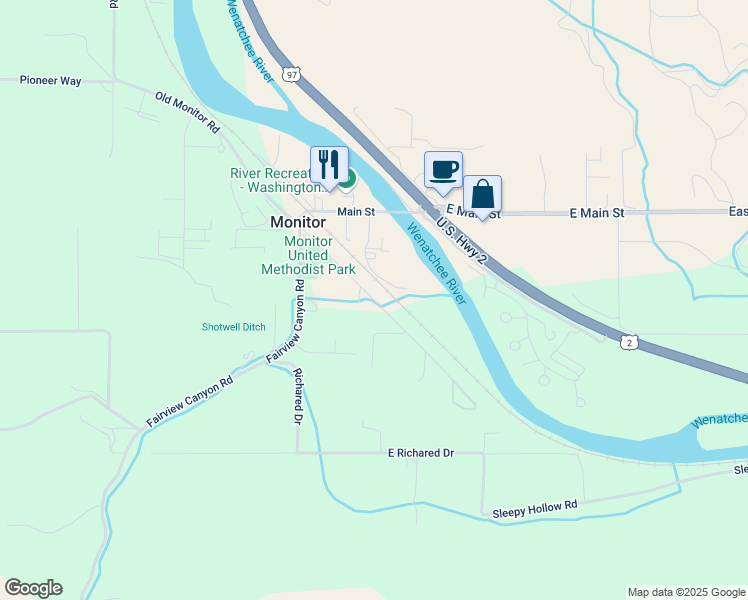map of restaurants, bars, coffee shops, grocery stores, and more near 3762 Warehouse Road in Monitor