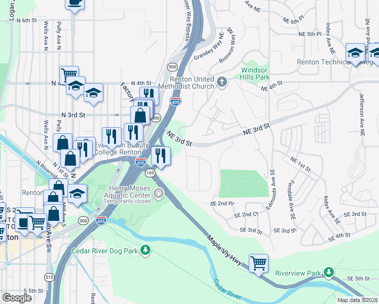 map of restaurants, bars, coffee shops, grocery stores, and more near 151 Monterey Drive Northeast in Renton