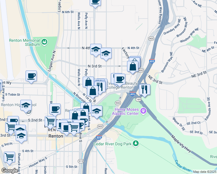map of restaurants, bars, coffee shops, grocery stores, and more near 1300 Bronson Way North in Renton