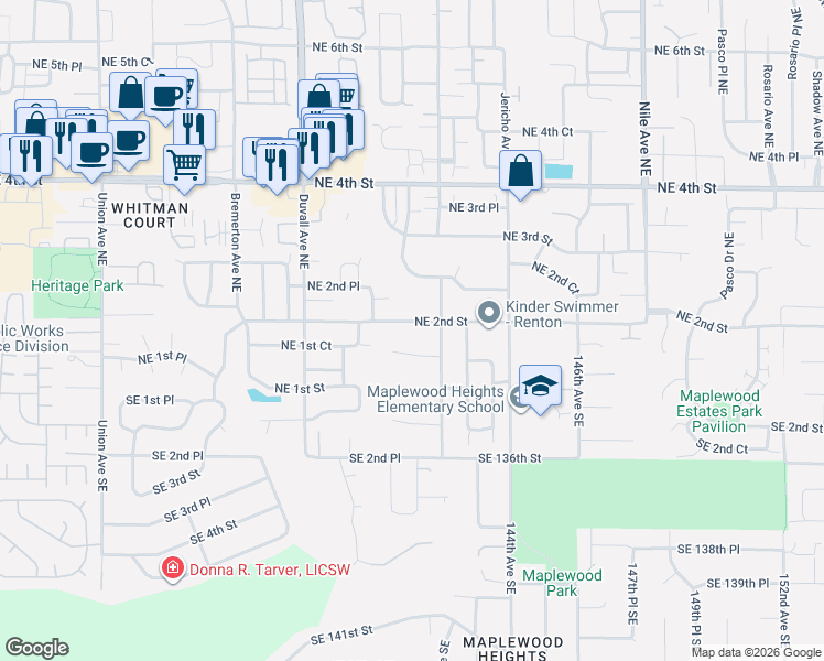 map of restaurants, bars, coffee shops, grocery stores, and more near 4923 Northeast 1st Court in Renton