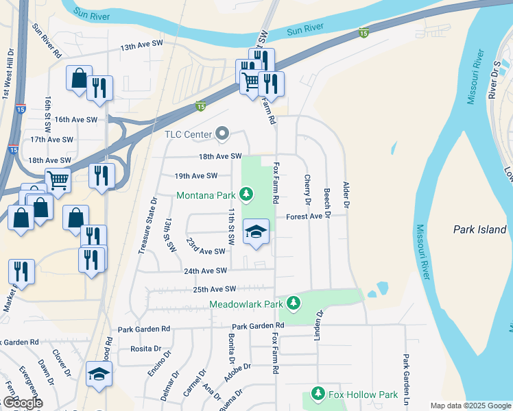 map of restaurants, bars, coffee shops, grocery stores, and more near 2198 Fox Farm Road in Great Falls