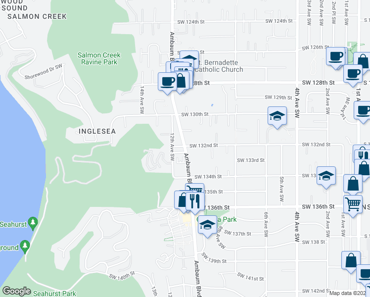 map of restaurants, bars, coffee shops, grocery stores, and more near 13227 Ambaum Boulevard Southwest in Burien