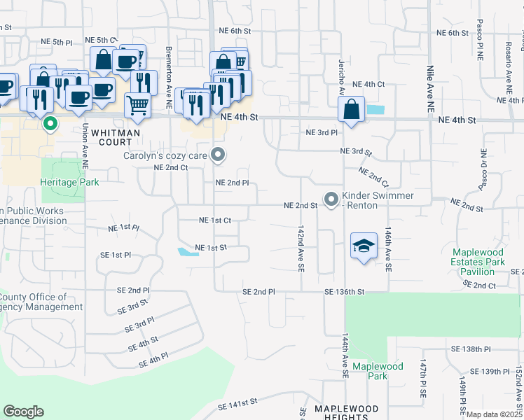 map of restaurants, bars, coffee shops, grocery stores, and more near 4901 Northeast 2nd Street in Renton
