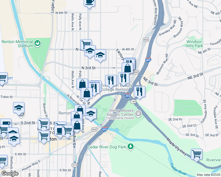 map of restaurants, bars, coffee shops, grocery stores, and more near 1500 Houser Way South in Renton
