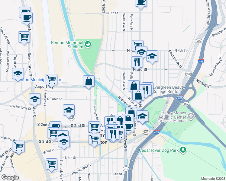 map of restaurants, bars, coffee shops, grocery stores, and more near 100 Williams Avenue North in Renton