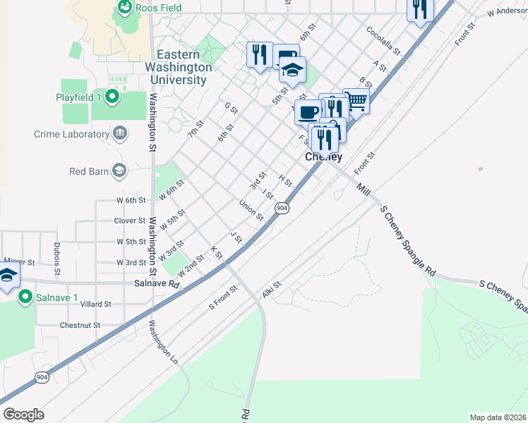 map of restaurants, bars, coffee shops, grocery stores, and more near 15 Union Street in Cheney
