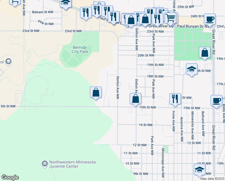 map of restaurants, bars, coffee shops, grocery stores, and more near 1013 County Highway 6 in Bemidji