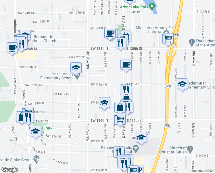 map of restaurants, bars, coffee shops, grocery stores, and more near 13204 2nd Avenue Southwest in Burien