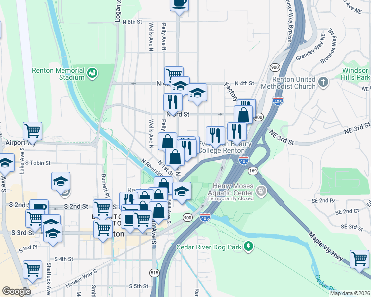 map of restaurants, bars, coffee shops, grocery stores, and more near 130 Park Avenue North in Renton