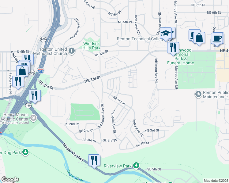 map of restaurants, bars, coffee shops, grocery stores, and more near 2529 Northeast 1st Street in Renton
