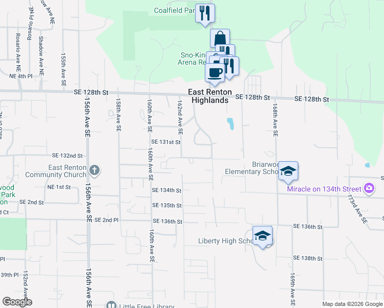 map of restaurants, bars, coffee shops, grocery stores, and more near 13035 163rd Avenue Southeast in Renton