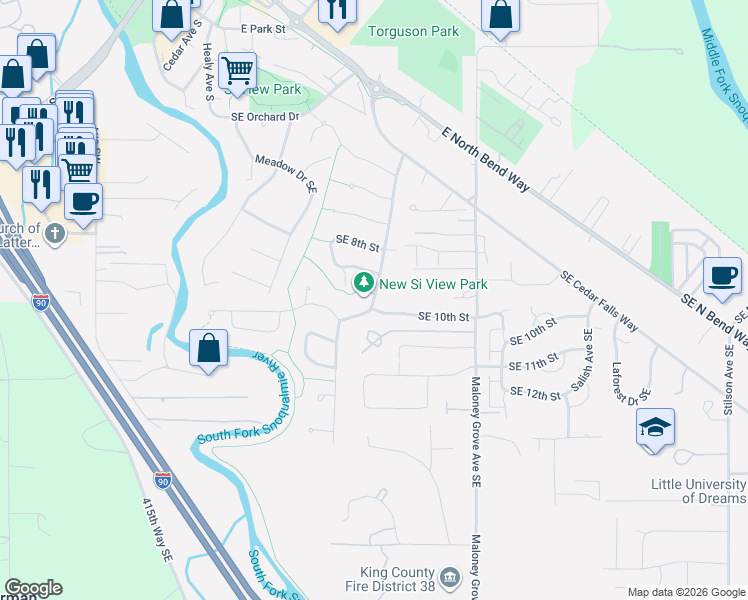 map of restaurants, bars, coffee shops, grocery stores, and more near Mountain View Boulevard Southeast in North Bend