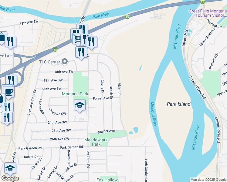 map of restaurants, bars, coffee shops, grocery stores, and more near 1829 Beech Drive in Great Falls